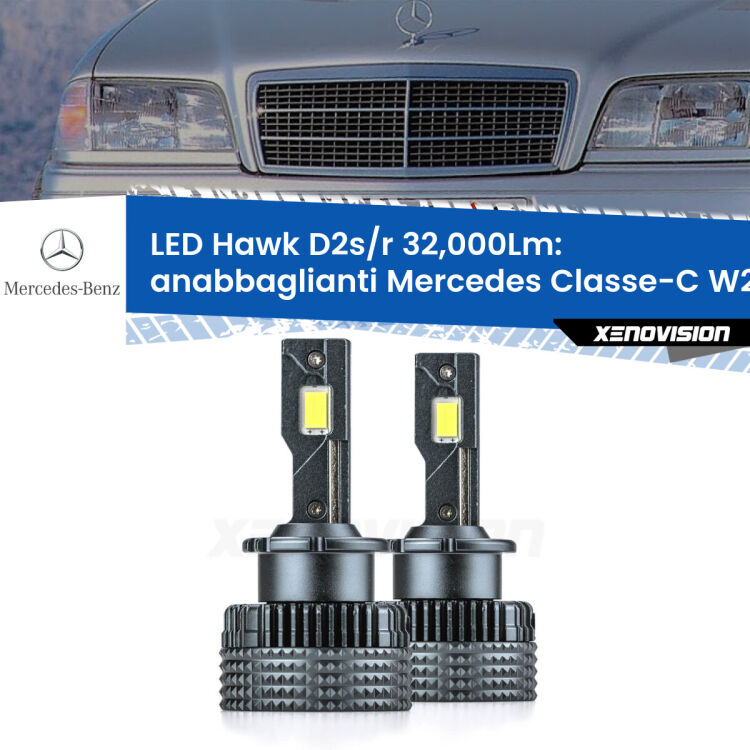 Anabbaglianti LED Mercedes Classe-C W202 1993 - 2000 - D2S/R 32,000Lm <strong>Kit anabbaglianti LED specifico per Mercedes Classe-C</strong> W202 1993 - 2000. Lampade <strong>D2S/D2R</strong> Canbus da 32.000Lumen di luminosità modello Hawk Xenovision.