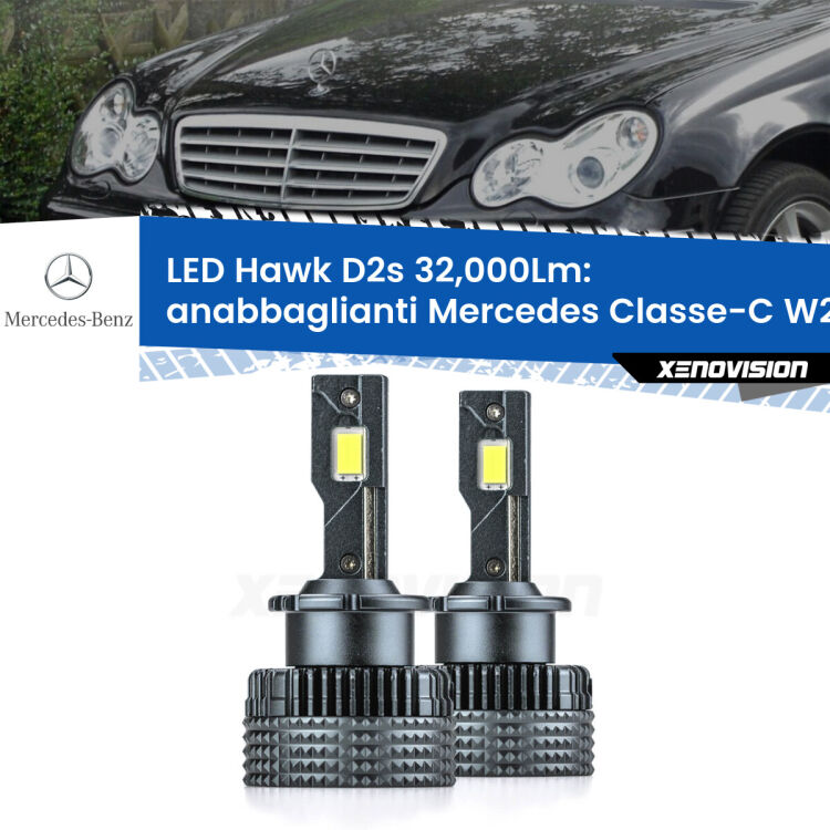 <strong>Kit anabbaglianti LED specifico per Mercedes Classe-C</strong> W203 2000 - 2007. Lampade <strong>D2S</strong> Canbus da 32.000Lumen di luminosità modello Hawk Xenovision.