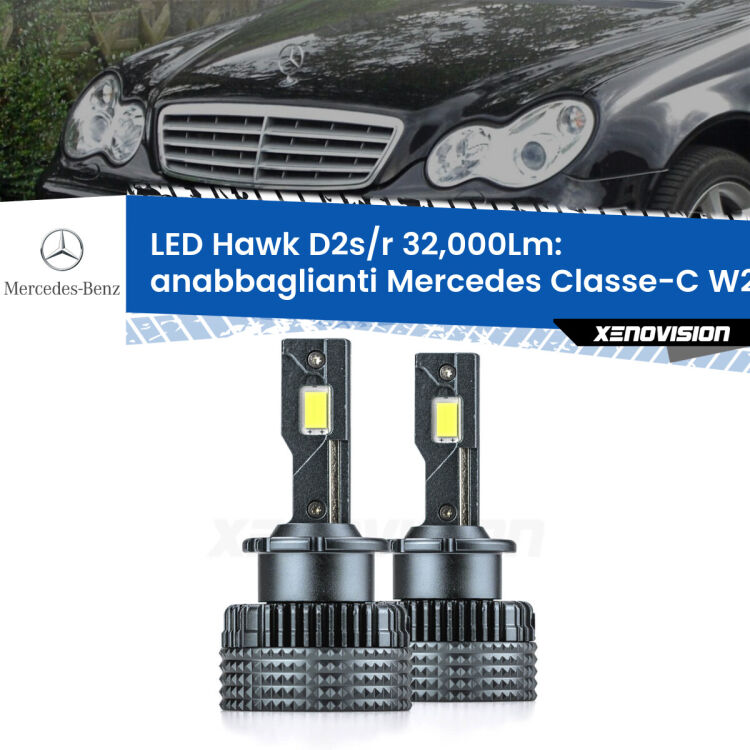 Anabbaglianti LED Mercedes Classe-C W203 2000 - 2007 - D2S/R 32,000Lm <strong>Kit anabbaglianti LED specifico per Mercedes Classe-C</strong> W203 2000 - 2007. Lampade <strong>D2S/D2R</strong> Canbus da 32.000Lumen di luminosità modello Hawk Xenovision.