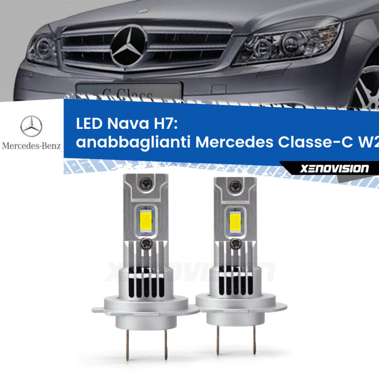 Anabbaglianti LED Mercedes Classe-C W204 Prima serie: H7 Nava <strong>Anabbaglianti LED no-spie per Mercedes Classe-C</strong> W204 Prima serie. Coppia lampade <strong>H7</strong> modello Nava canbus, raffreddate a ventola.