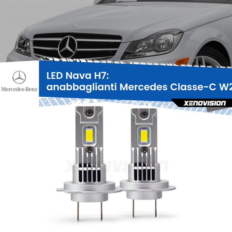 Anabbaglianti LED Mercedes Classe-C W204 Restyling: H7 Nava <strong>Anabbaglianti LED no-spie per Mercedes Classe-C</strong> W204 Restyling. Coppia lampade <strong>H7</strong> modello Nava canbus, raffreddate a ventola.