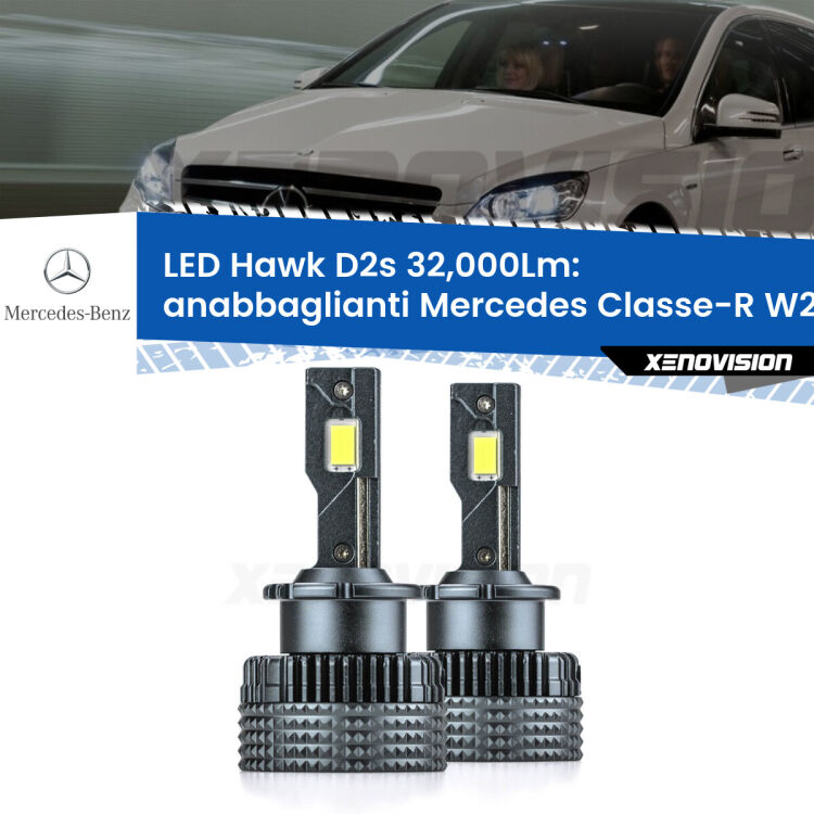 <strong>Kit anabbaglianti LED specifico per Mercedes Classe-R</strong> W251, V251 2006 - 2009. Lampade <strong>D2S</strong> Canbus da 32.000Lumen di luminosità modello Hawk Xenovision.