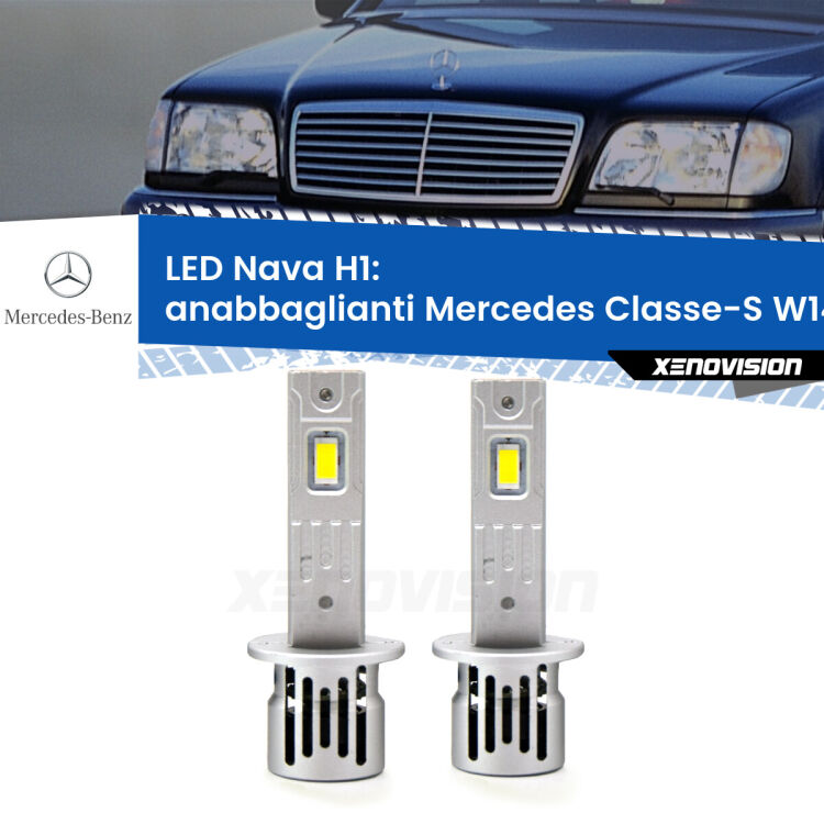 Anabbaglianti LED Mercedes Classe-S W140 1991 - 1994: H1 Nava <strong>Anabbaglianti LED no-spie per Mercedes Classe-S</strong> W140 1991 - 1994. Coppia lampade <strong> H1</strong> modello Nava canbus, raffreddate a ventola.