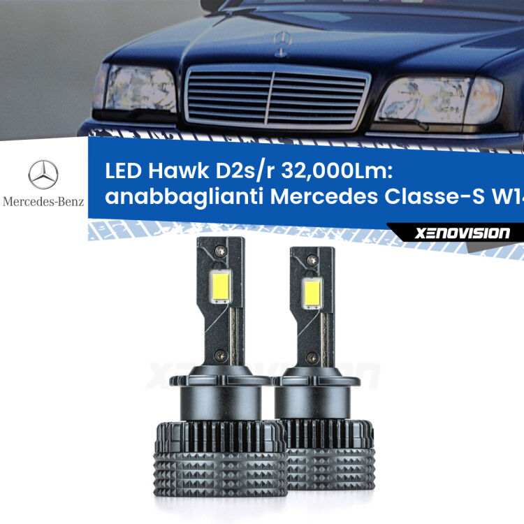 Anabbaglianti LED Mercedes Classe-S W140 1991 - 1998 - D2S/R 32,000Lm <strong>Kit anabbaglianti LED specifico per Mercedes Classe-S</strong> W140 1991 - 1998. Lampade <strong>D2S/D2R</strong> Canbus da 32.000Lumen di luminosità modello Hawk Xenovision.