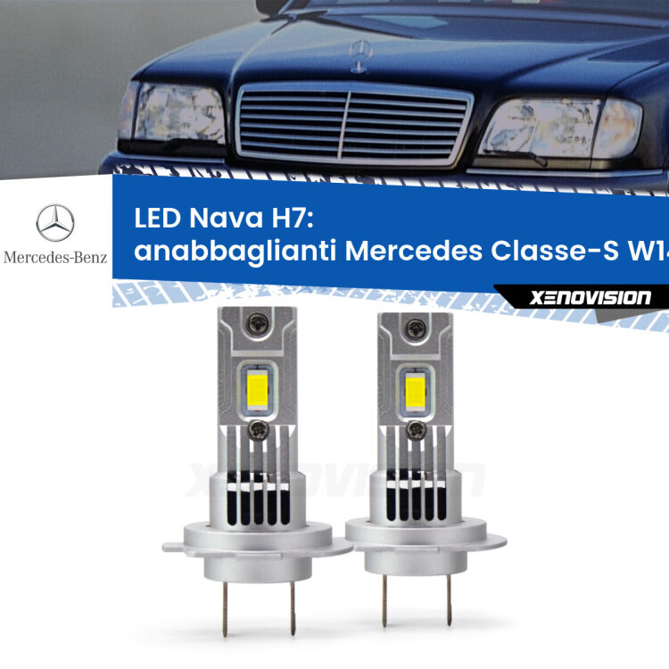 Anabbaglianti LED Mercedes Classe-S W140 1995 - 1998: H7 Nava <strong>Anabbaglianti LED no-spie per Mercedes Classe-S</strong> W140 1995 - 1998. Coppia lampade <strong>H7</strong> modello Nava canbus, raffreddate a ventola.