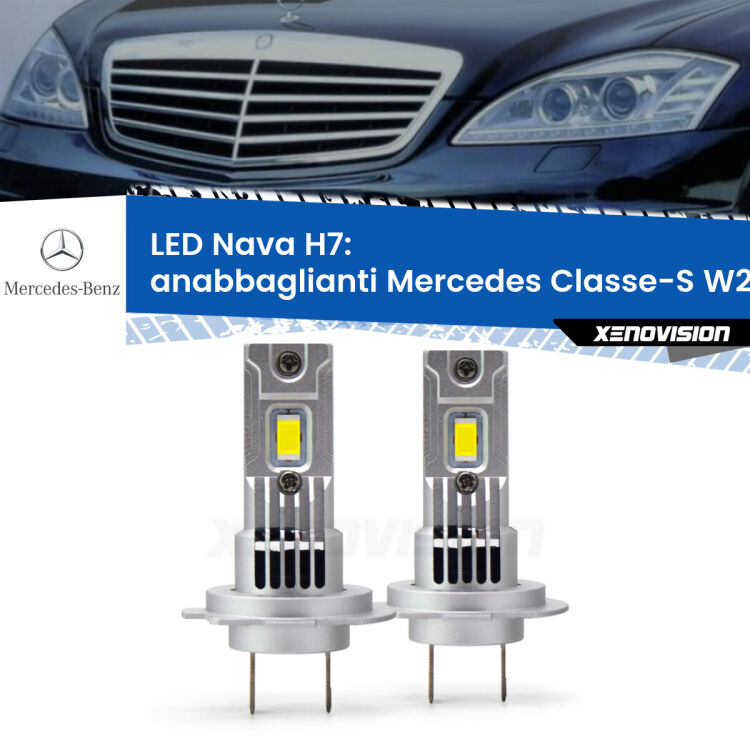 Anabbaglianti LED Mercedes Classe-S W221 2005 - 2013: H7 Nava <strong>Anabbaglianti LED no-spie per Mercedes Classe-S</strong> W221 2005 - 2013. Coppia lampade <strong>H7</strong> modello Nava canbus, raffreddate a ventola.