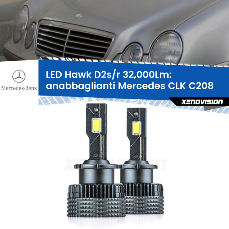 Anabbaglianti LED Mercedes CLK C208 1997 - 2002 - D2S/R 32,000Lm <strong>Kit anabbaglianti LED specifico per Mercedes CLK</strong> C208 1997 - 2002. Lampade <strong>D2S/D2R</strong> Canbus da 32.000Lumen di luminosità modello Hawk Xenovision.