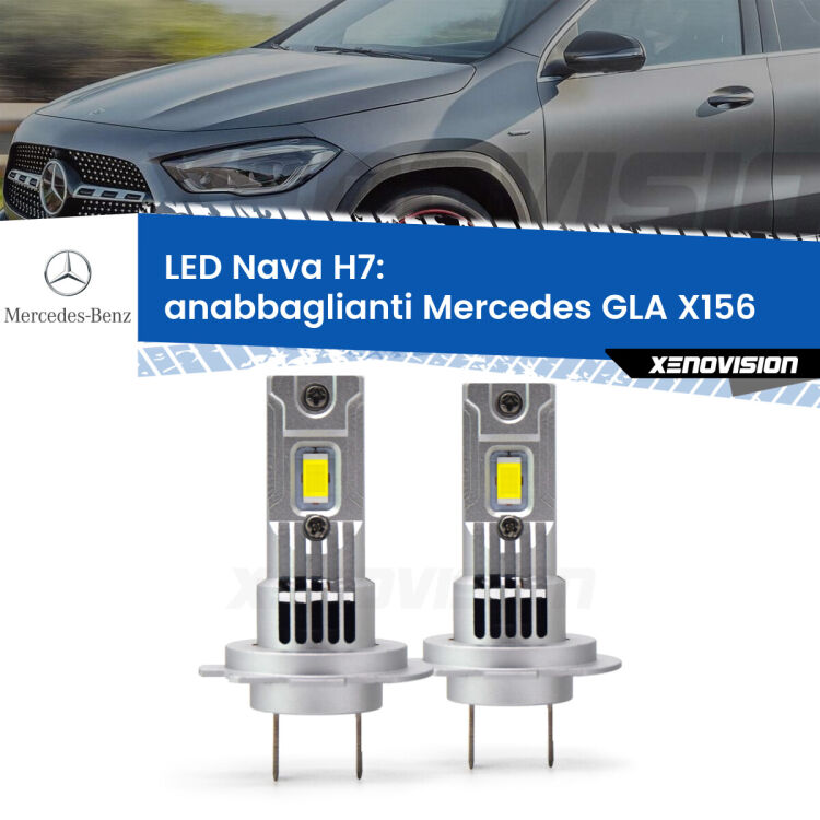 Anabbaglianti LED Mercedes GLA X156 2013 in poi: H7 Nava <strong>Anabbaglianti LED no-spie per Mercedes GLA</strong> X156 2013 in poi. Coppia lampade <strong>H7</strong> modello Nava canbus, raffreddate a ventola.