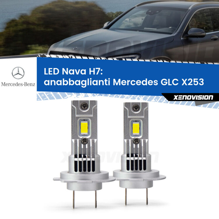 Anabbaglianti LED Mercedes GLC X253 2015 - 2019: H7 Nava <strong>Anabbaglianti LED no-spie per Mercedes GLC</strong> X253 2015 - 2019. Coppia lampade <strong>H7</strong> modello Nava canbus, raffreddate a ventola.