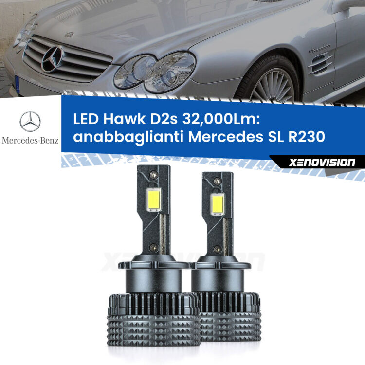 Anabbaglianti LED Mercedes SL R230 2001 - 2008 - D2S/R 32,000Lm <strong>Kit anabbaglianti LED specifico per Mercedes SL</strong> R230 2001 - 2008. Lampade <strong>D2S/D2R</strong> Canbus da 32.000Lumen di luminosità modello Hawk Xenovision.