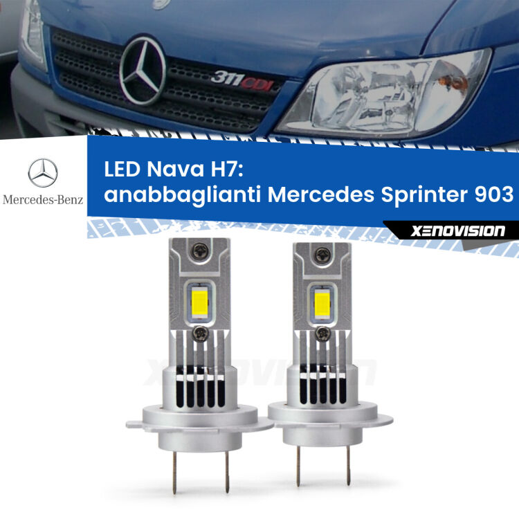 Anabbaglianti LED Mercedes Sprinter 903 2000 - 2006: H7 Nava <strong>Anabbaglianti LED no-spie per Mercedes Sprinter</strong> 903 2000 - 2006. Coppia lampade <strong>H7</strong> modello Nava canbus, raffreddate a ventola.