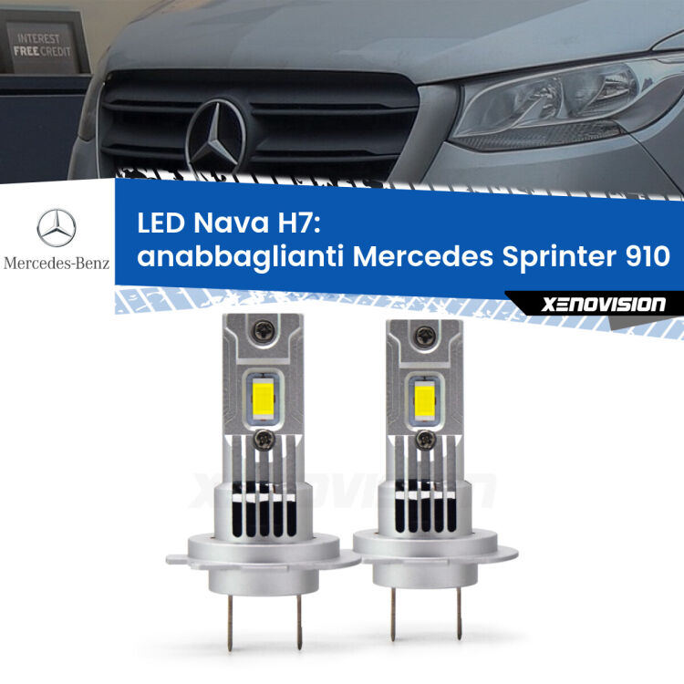 Anabbaglianti LED Mercedes Sprinter 910 2018 in poi: H7 Nava <strong>Anabbaglianti LED no-spie per Mercedes Sprinter</strong> 910 2018 in poi. Coppia lampade <strong>H7</strong> modello Nava canbus, raffreddate a ventola.