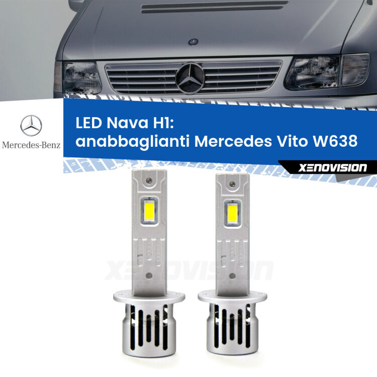 0 Anabbaglianti LED Mercedes Vito W638 1996 - 2003: H1 Nava <strong>Anabbaglianti LED no-spie per Mercedes Vito</strong> W638 1996 - 2003. Coppia lampade <strong> H1</strong> modello Nava canbus, raffreddate a ventola.