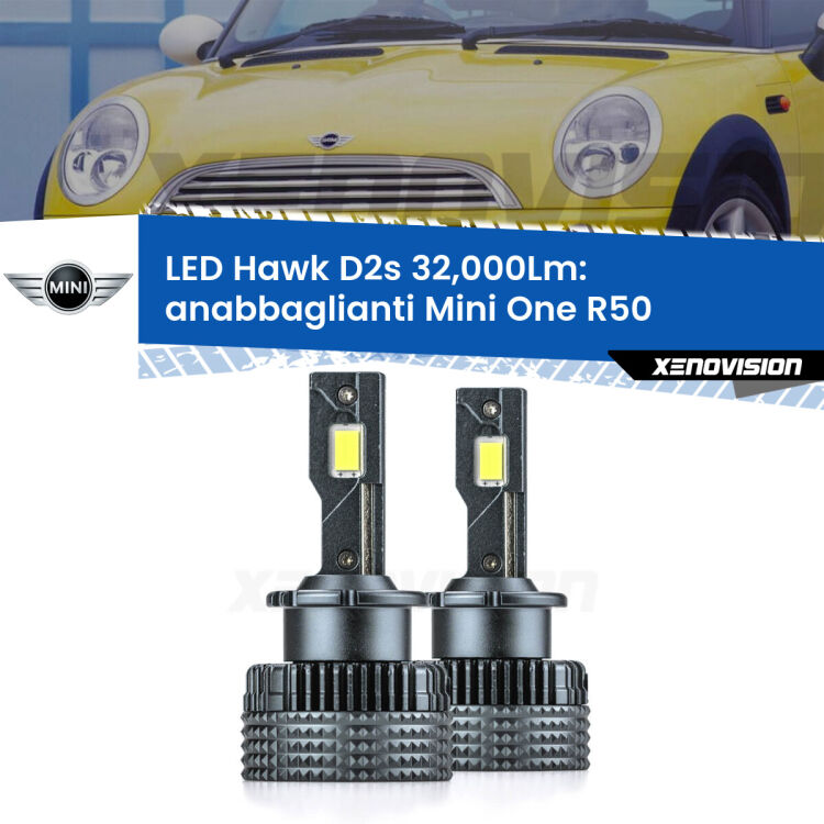 <strong>Kit anabbaglianti LED specifico per Mini One</strong> R50 2004 - 2006. Lampade <strong>D2S</strong> Canbus da 32.000Lumen di luminosità modello Hawk Xenovision.