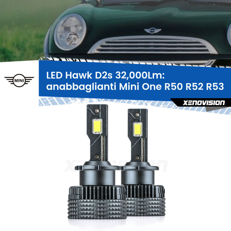 Anabbaglianti LED Mini One R50 R52 R53 2004 - 2006 - D2S/R 32,000Lm <strong>Kit anabbaglianti LED specifico per Mini One</strong> R50 R52 R53 2004 - 2006. Lampade <strong>D2S/D2R</strong> Canbus da 32.000Lumen di luminosità modello Hawk Xenovision.