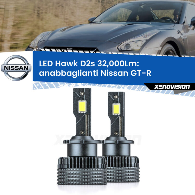 <strong>Kit anabbaglianti LED specifico per Nissan GT-R</strong>  2007 in poi. Lampade <strong>D2S</strong> Canbus da 32.000Lumen di luminosità modello Hawk Xenovision.