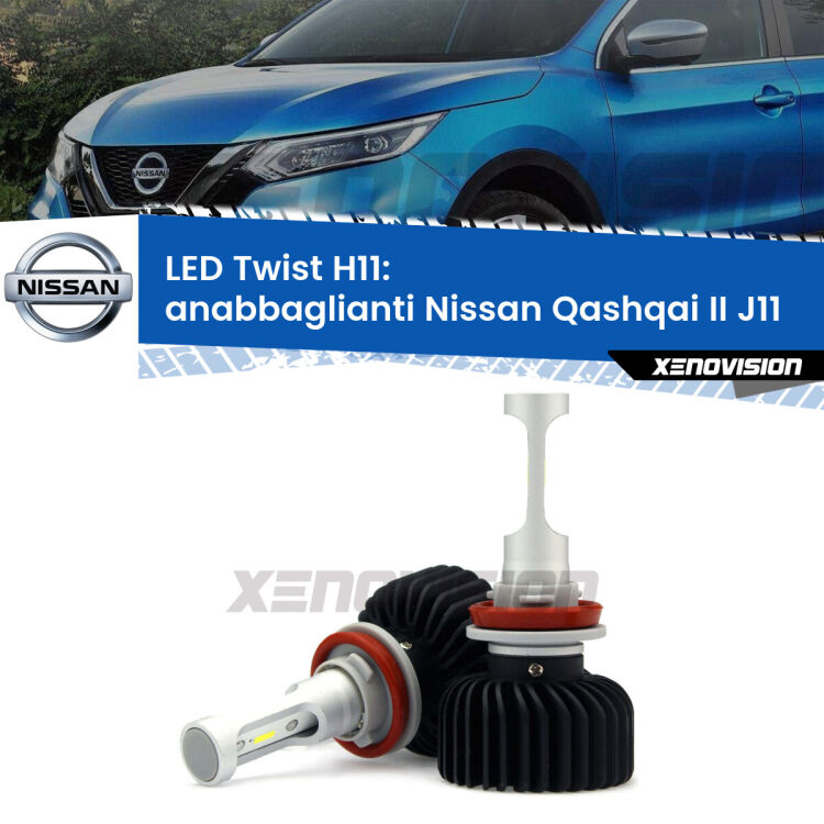 <strong>Kit anabbaglianti LED</strong> H11 per <strong>Nissan Qashqai II</strong> J11 2014 in poi. Compatte, impermeabili, senza ventola: praticamente indistruttibili. Top Quality.