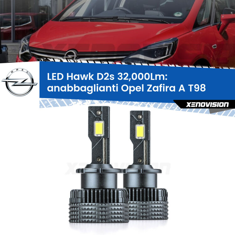Anabbaglianti LED Opel Zafira A T98 1999 - 2003 - D2S/R 32,000Lm <strong>Kit anabbaglianti LED specifico per Opel Zafira A</strong> T98 1999 - 2003. Lampade <strong>D2S/D2R</strong> Canbus da 32.000Lumen di luminosità modello Hawk Xenovision.