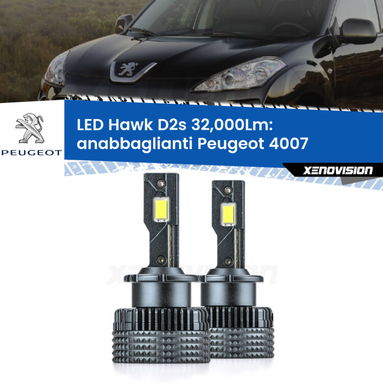Anabbaglianti LED Peugeot 4007 2007 - 2012 - D2S/R 32,000Lm <strong>Kit anabbaglianti LED specifico per Peugeot 4007</strong> 2007 - 2012. Lampade <strong>D2S/D2R</strong> Canbus da 32.000Lumen di luminosità modello Hawk Xenovision.