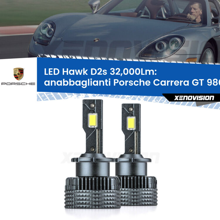 Anabbaglianti LED Porsche Carrera GT 980 2003 - 2006 - D2S/R 32,000Lm <strong>Kit anabbaglianti LED specifico per Porsche Carrera GT</strong> 980 2003 - 2006. Lampade <strong>D2S/D2R</strong> Canbus da 32.000Lumen di luminosità modello Hawk Xenovision.