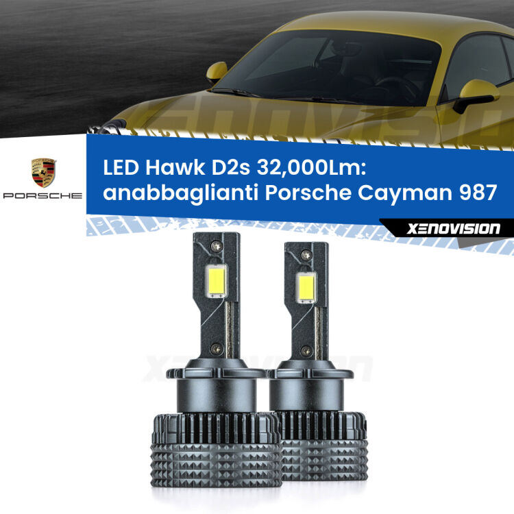 <strong>Kit anabbaglianti LED specifico per Porsche Cayman</strong> 987 2005 - 2013. Lampade <strong>D2S</strong> Canbus da 32.000Lumen di luminosità modello Hawk Xenovision.