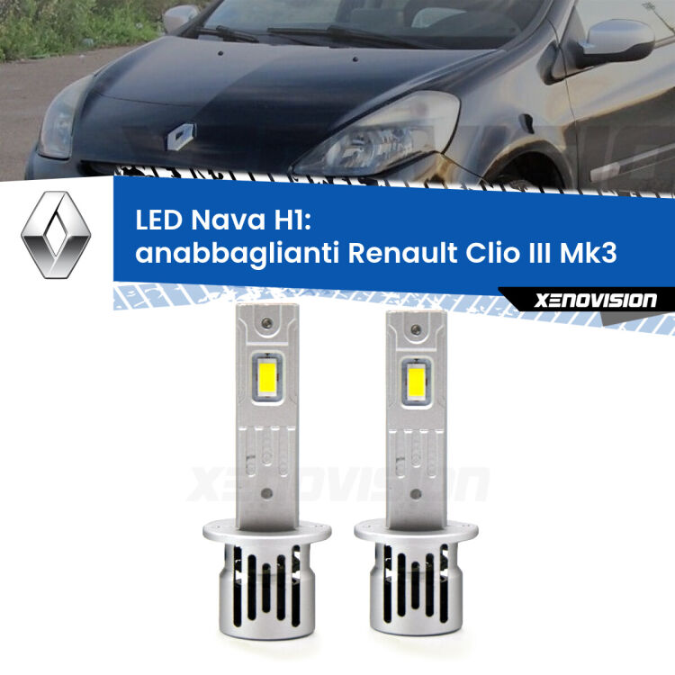 Anabbaglianti LED Renault Clio III  2005 - 2011: H1 Nava <strong>Anabbaglianti LED no-spie per Renault Clio III</strong>  2005 - 2011. Coppia lampade <strong> H1</strong> modello Nava canbus, raffreddate a ventola.