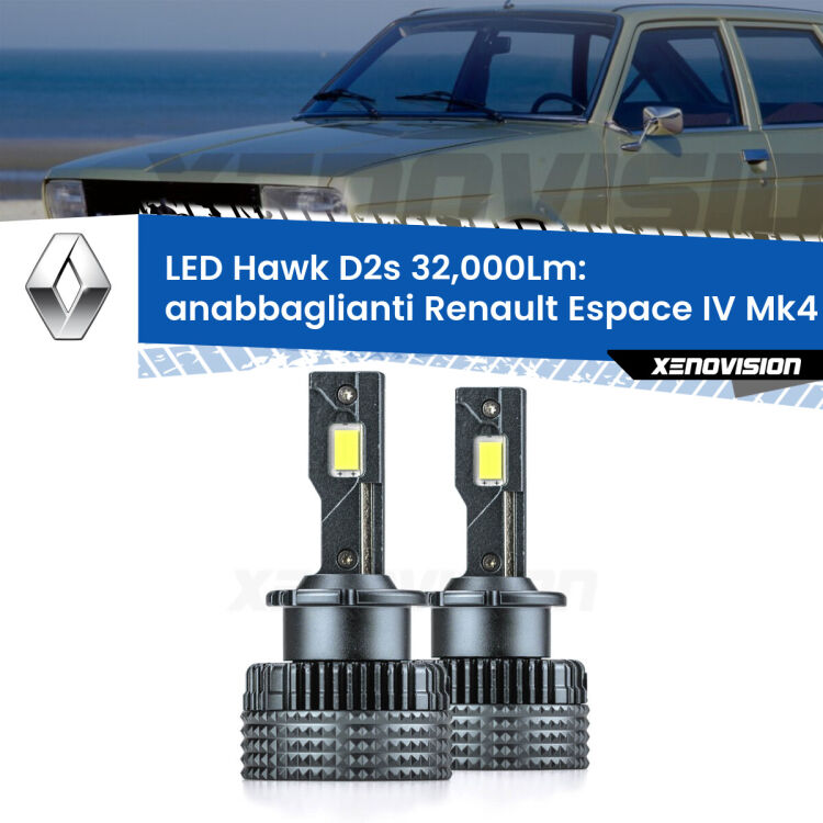 Anabbaglianti LED Renault Espace IV Mk4 2002 - 2006 - D2S/R 32,000Lm <strong>Kit anabbaglianti LED specifico per Renault Espace IV</strong> Mk4 2002 - 2006. Lampade <strong>D2S/D2R</strong> Canbus da 32.000Lumen di luminosità modello Hawk Xenovision.