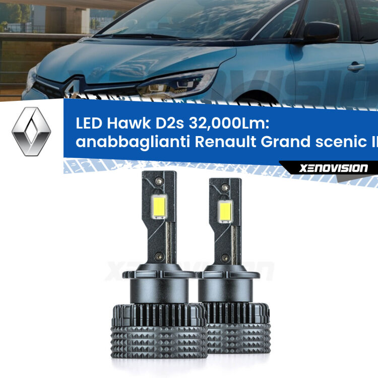 <strong>Kit anabbaglianti LED specifico per Renault Grand scenic II</strong> Mk2 2004 - 2006. Lampade <strong>D2S</strong> Canbus da 32.000Lumen di luminosità modello Hawk Xenovision.