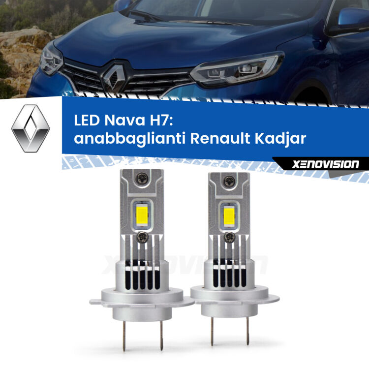 Anabbaglianti LED Renault Kadjar  2015 - 2022: H7 Nava <strong>Anabbaglianti LED no-spie per Renault Kadjar</strong>  2015 - 2022. Coppia lampade <strong>H7</strong> modello Nava canbus, raffreddate a ventola.
