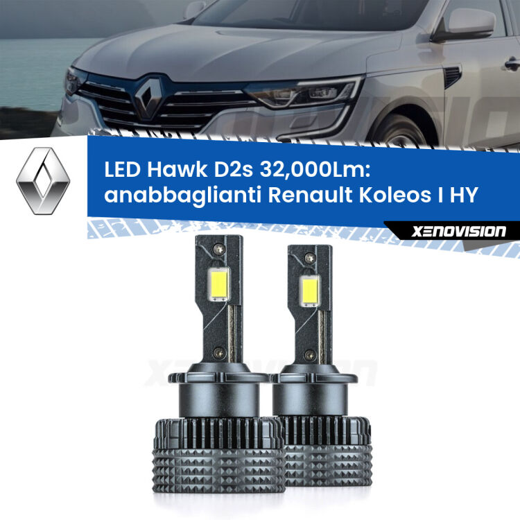 <strong>Kit anabbaglianti LED specifico per Renault Koleos I</strong> HY 2006 - 2015. Lampade <strong>D2S</strong> Canbus da 32.000Lumen di luminosità modello Hawk Xenovision.