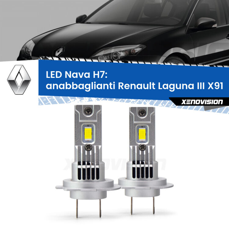 0 Anabbaglianti LED Renault Laguna III X91 2007 - 2015: H7 Nava <strong>Anabbaglianti LED no-spie per Renault Laguna III</strong> X91 2007 - 2015. Coppia lampade <strong>H7</strong> modello Nava canbus, raffreddate a ventola.