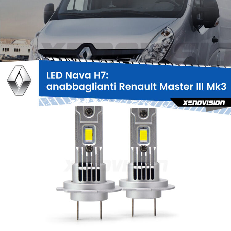 0 Anabbaglianti LED Renault Master III Mk3 2010 in poi: H7 Nava <strong>Anabbaglianti LED no-spie per Renault Master III</strong> Mk3 2010 in poi. Coppia lampade <strong>H7</strong> modello Nava canbus, raffreddate a ventola.