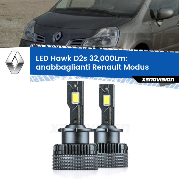 <strong>Kit anabbaglianti LED specifico per Renault Modus</strong>  2004 - 2012. Lampade <strong>D2S</strong> Canbus da 32.000Lumen di luminosità modello Hawk Xenovision.