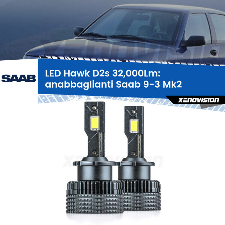 <strong>Kit anabbaglianti LED specifico per Saab 9-3</strong> Mk2 2003 - 2007. Lampade <strong>D2S</strong> Canbus da 32.000Lumen di luminosità modello Hawk Xenovision.