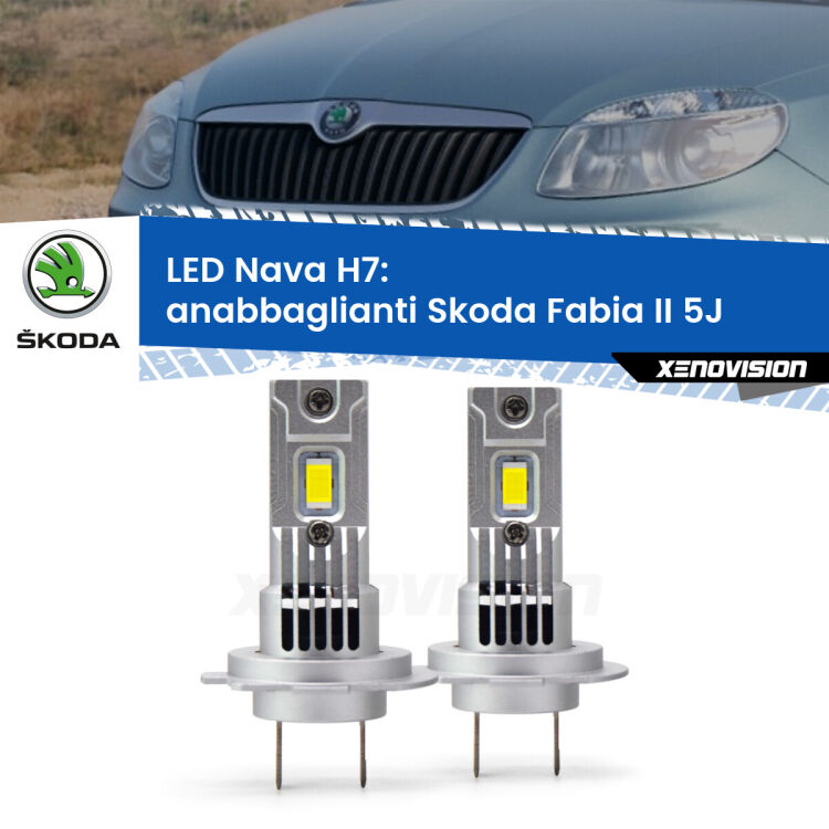 0 Anabbaglianti LED Skoda Fabia II 5J fari lenticolari: H7 Nava <strong>Anabbaglianti LED no-spie per Skoda Fabia II</strong> 5J fari lenticolari. Coppia lampade <strong>H7</strong> modello Nava canbus, raffreddate a ventola.