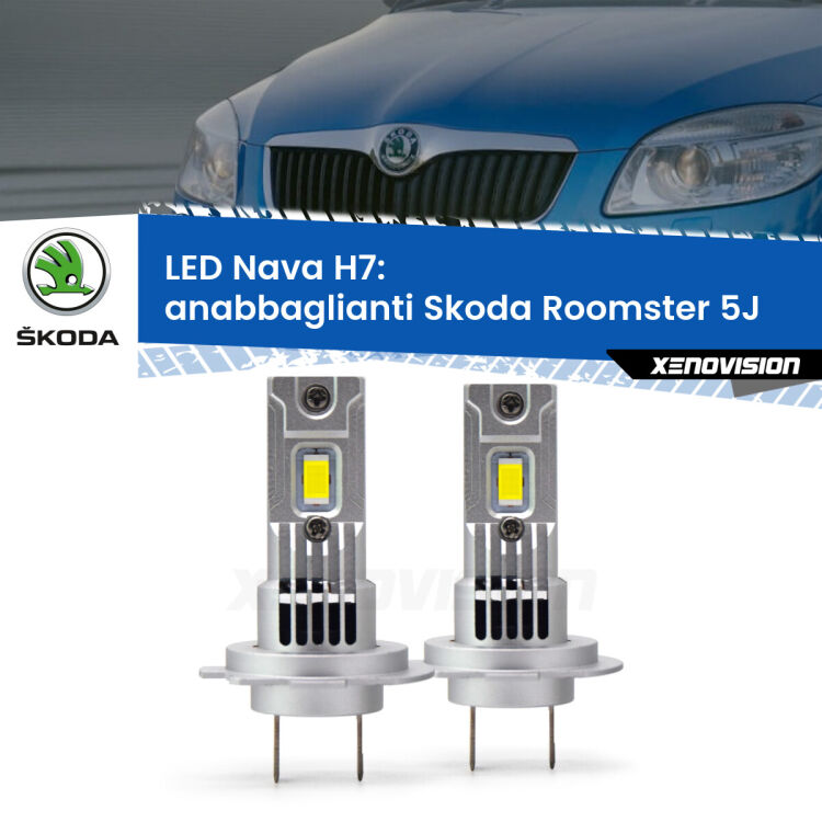 0 Anabbaglianti LED Skoda Roomster 5J fari lenticolari: H7 Nava <strong>Anabbaglianti LED no-spie per Skoda Roomster</strong> 5J fari lenticolari. Coppia lampade <strong>H7</strong> modello Nava canbus, raffreddate a ventola.