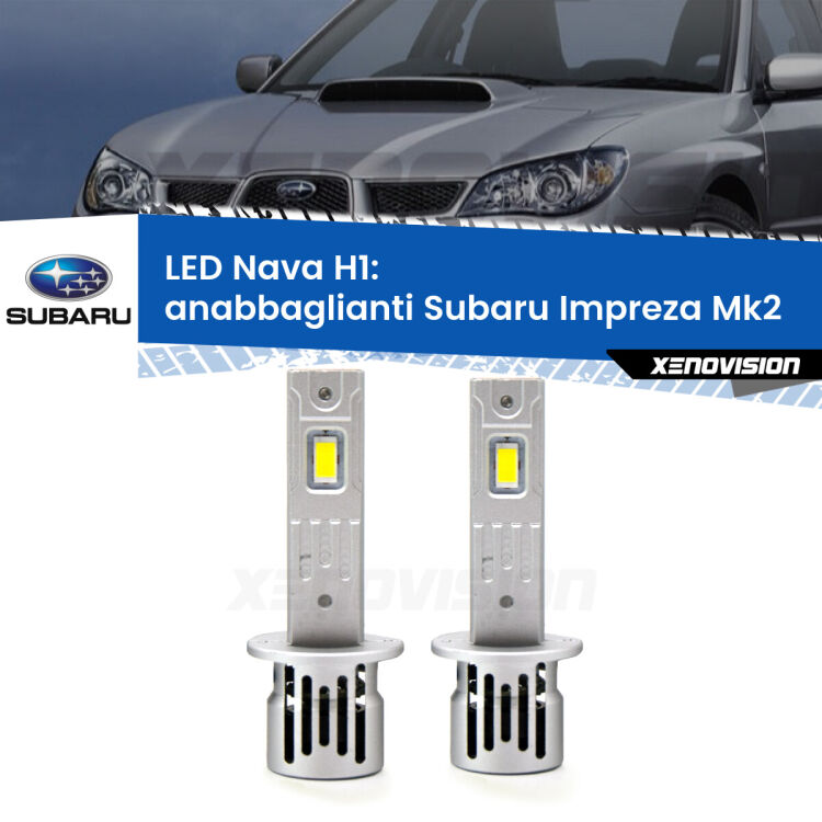 Anabbaglianti LED Subaru Impreza Mk2 a parabola doppia: H1 Nava <strong>Anabbaglianti LED no-spie per Subaru Impreza</strong> Mk2 a parabola doppia. Coppia lampade <strong> H1</strong> modello Nava canbus, raffreddate a ventola.