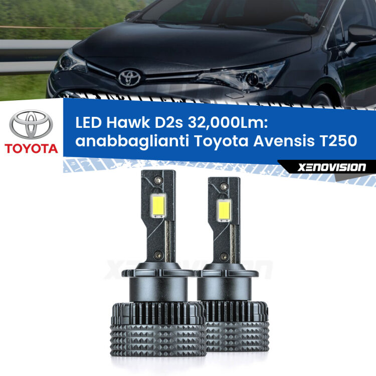 Anabbaglianti LED Toyota Avensis T250 2003 - 2005 - D2S/R 32,000Lm <strong>Kit anabbaglianti LED specifico per Toyota Avensis</strong> T250 2003 - 2005. Lampade <strong>D2S/D2R</strong> Canbus da 32.000Lumen di luminosità modello Hawk Xenovision.