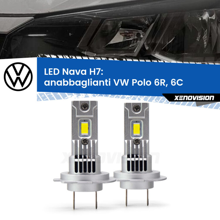 Anabbaglianti LED VW Polo 6R, 6C a parabola squadrata: H7 Nava <strong>Anabbaglianti LED no-spie per VW Polo</strong> 6R, 6C a parabola squadrata. Coppia lampade <strong>H7</strong> modello Nava canbus, raffreddate a ventola.