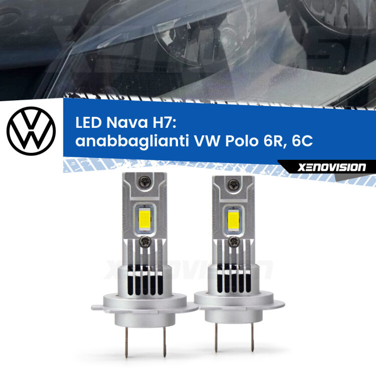Anabbaglianti LED VW Polo 6R, 6C a parabola tonda: H7 Nava <strong>Anabbaglianti LED no-spie per VW Polo</strong> 6R, 6C a parabola tonda. Coppia lampade <strong>H7</strong> modello Nava canbus, raffreddate a ventola.