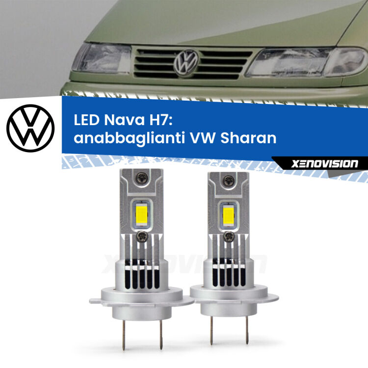 Anabbaglianti LED VW Sharan  a parabola doppia: H7 Nava <strong>Anabbaglianti LED no-spie per VW Sharan</strong>  a parabola doppia. Coppia lampade <strong>H7</strong> modello Nava canbus, raffreddate a ventola.