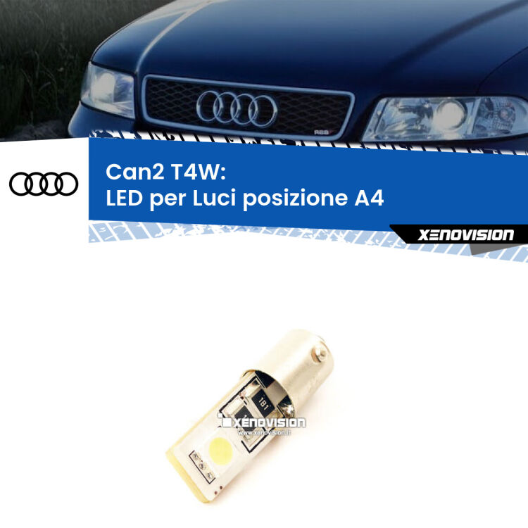 0 Can2 T4W: LED per Luci posizione A4 (B5) 1994 -2001 <p><span style="color: #626262;">2.0x volte più luce. LED Heavy Duty: indistruttibile. LED ideale per</span><span style="color: #626262;"> </span><span style="color: #626262;">luci posizione </span><span style="color: #626262;">Audi A4.</span></p>
