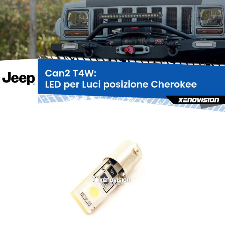 0 Can2 T4W: LED per Luci posizione Cherokee (XJ) 1984 -2001 <p><span style="color: #626262;">2.0x volte più luce. LED Heavy Duty: indistruttibile. LED ideale per</span><span style="color: #626262;"> </span><span style="color: #626262;">luci posizione </span><span style="color: #626262;">Jeep Cherokee.</span></p>