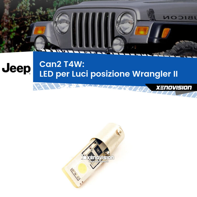 0 Can2 T4W: LED per Luci posizione Wrangler II (TJ) 1996 -2005 <p><span style="color: #626262;">2.0x volte più luce. LED Heavy Duty: indistruttibile. LED ideale per</span><span style="color: #626262;"> </span><span style="color: #626262;">luci posizione </span><span style="color: #626262;">Jeep Wrangler II.</span></p>