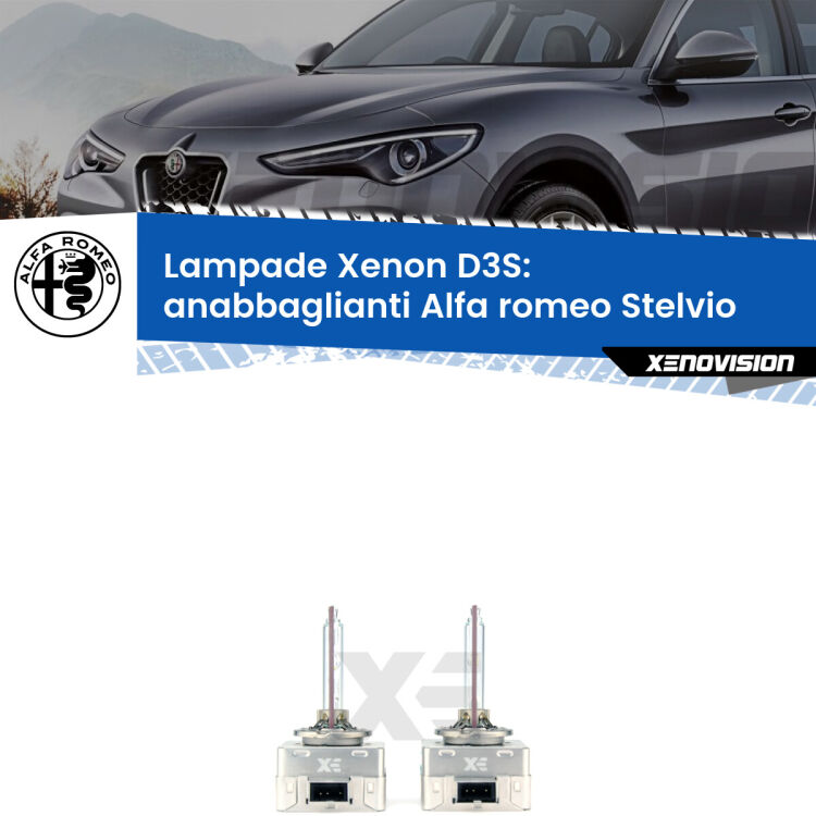 D3S: Lampade xenon di ricambio per Alfa romeo Stelvio  2016 in poi con impianto Xenon di serie Le lampade Xenon di ricambio D3S Xenovision XT erogano più Lumen, durano di più e proiettano più lontano sui tuoi fari anabbaglianti Alfa romeo Stelvio  2016 in poi
