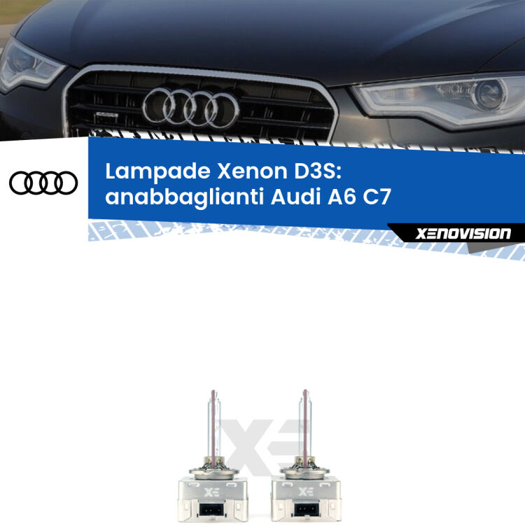 D3S: Lampade xenon di ricambio per Audi A6 C7 2010 - 2014 con impianto Xenon di serie Le lampade Xenon di ricambio D3S Xenovision XT erogano più Lumen, durano di più e proiettano più lontano sui tuoi fari anabbaglianti Audi A6 C7 2010 - 2014