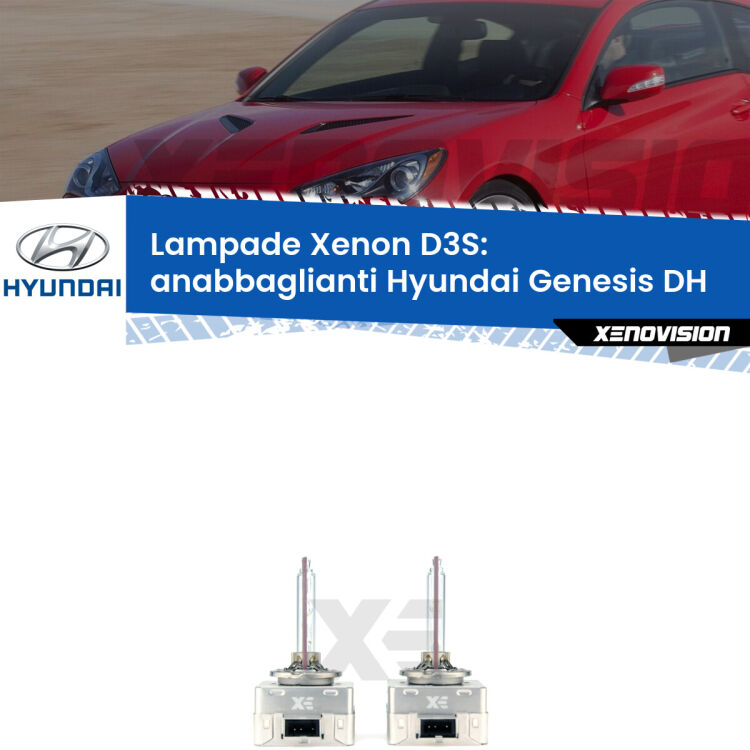 0 D3S: Lampade xenon di ricambio per Hyundai Genesis DH 2014 in poi con impianto Xenon di serie Le lampade Xenon di ricambio D3S Xenovision XT erogano più Lumen, durano di più e proiettano più lontano sui tuoi fari anabbaglianti Hyundai Genesis DH 2014 in poi