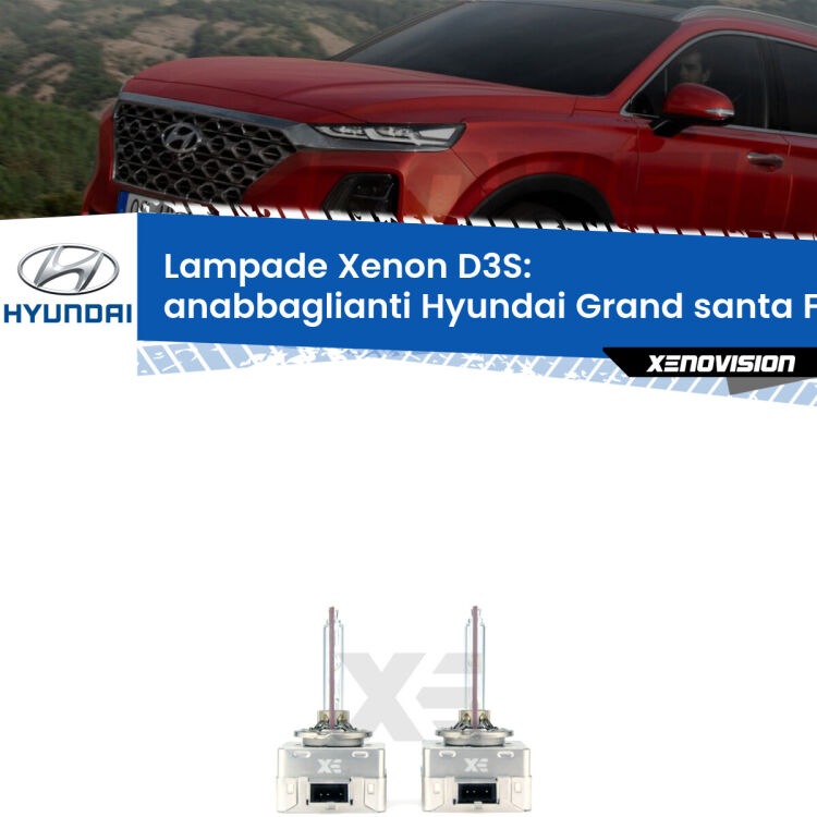 0 D3S: Lampade xenon di ricambio per Hyundai Grand santa FÉ 2013 in poi con impianto Xenon di serie Le lampade Xenon di ricambio D3S Xenovision XT erogano più Lumen, durano di più e proiettano più lontano sui tuoi fari anabbaglianti Hyundai Grand santa FÉ 2013 in poi
