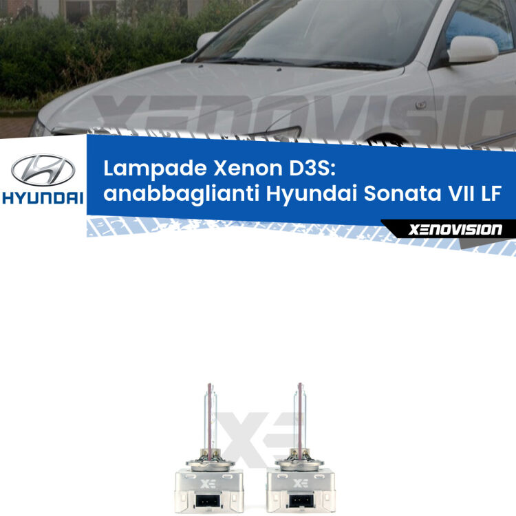 D3S: Lampade xenon di ricambio per Hyundai Sonata VII LF 2014 in poi con impianto Xenon di serie Le lampade Xenon di ricambio D3S Xenovision XT erogano più Lumen, durano di più e proiettano più lontano sui tuoi fari anabbaglianti Hyundai Sonata VII LF 2014 in poi