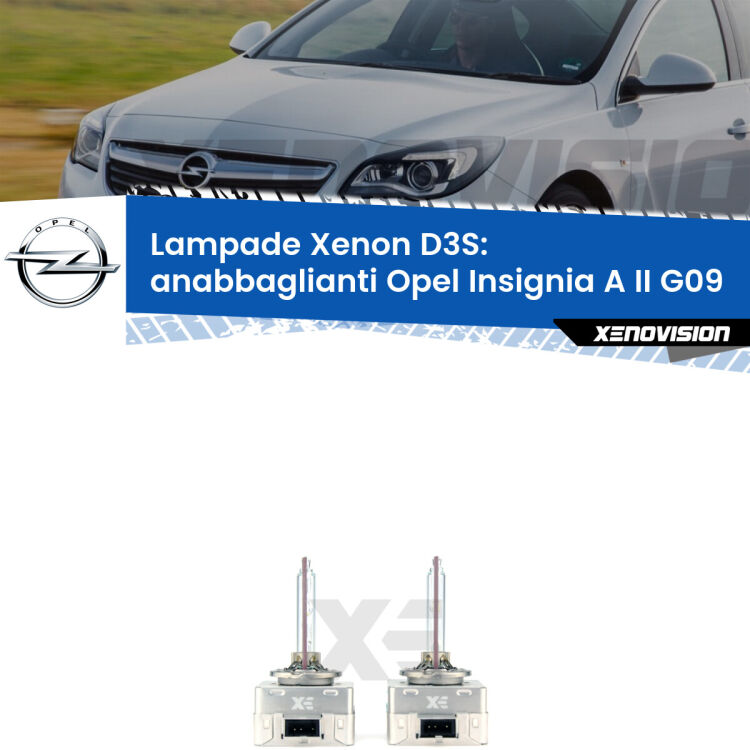 D3S: Lampade xenon di ricambio per Opel Insignia A II G09 2014 - 2017 con impianto Xenon di serie Le lampade Xenon di ricambio D3S Xenovision XT erogano più Lumen, durano di più e proiettano più lontano sui tuoi fari anabbaglianti Opel Insignia A II G09 2014 - 2017